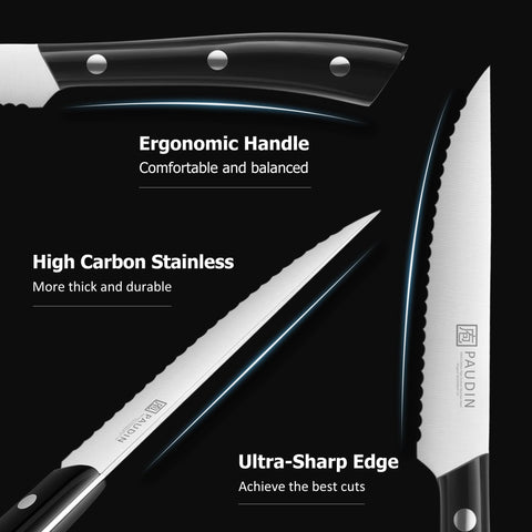 Close-up of PAUDIN 4.5-inch serrated blade for clean cuts