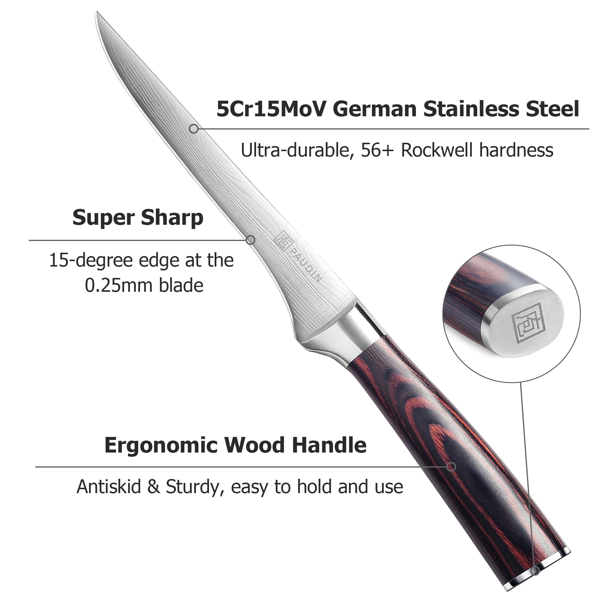 Versatile 6-inch knife for deboning, filleting, and butterflying meats.