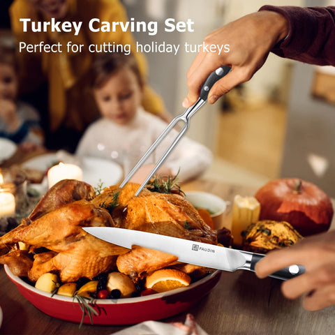 PAUDIN 7-inch carving fork demonstrates steady meat carving in action.