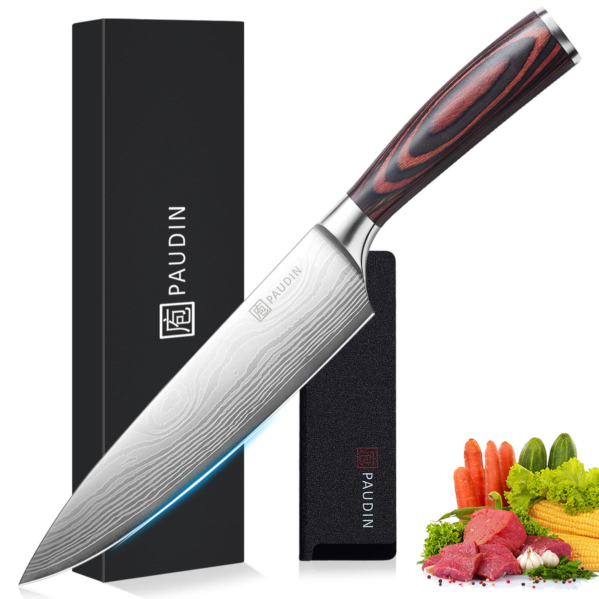PAUDIN 8-inch chef knife blade close-up highlighting the sharp edge for precise cuts