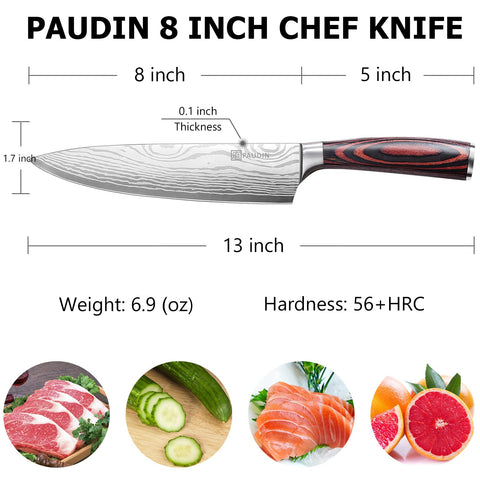 PAUDIN 8-inch chef knife with ergonomic wood handle offering comfortable grip