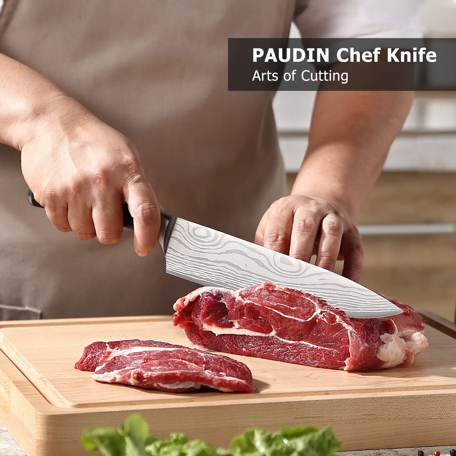 PAUDIN 8-inch chef knife full profile showing balanced design for slicing