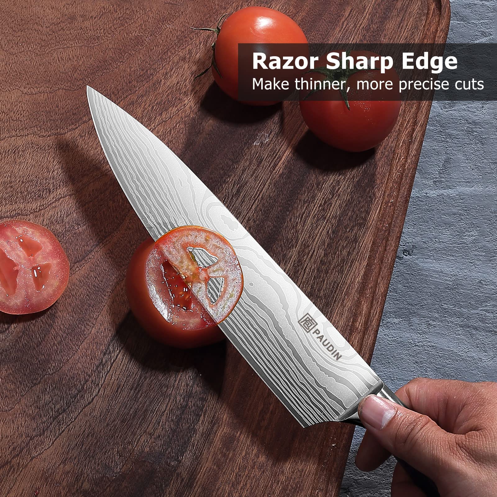 PAUDIN 8-inch knife in use chopping vegetables with controlled even slices