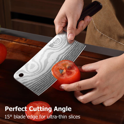 Ergonomic pakkawood handle on the PAUDIN cleaver reduces fatigue.