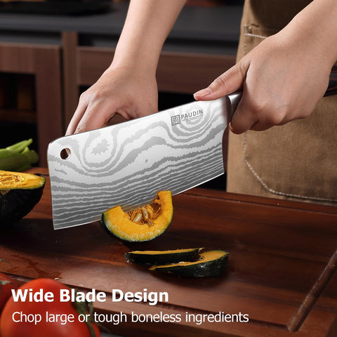 Wide PAUDIN cleaver blade aids deboning and even slicing of large vegetables.