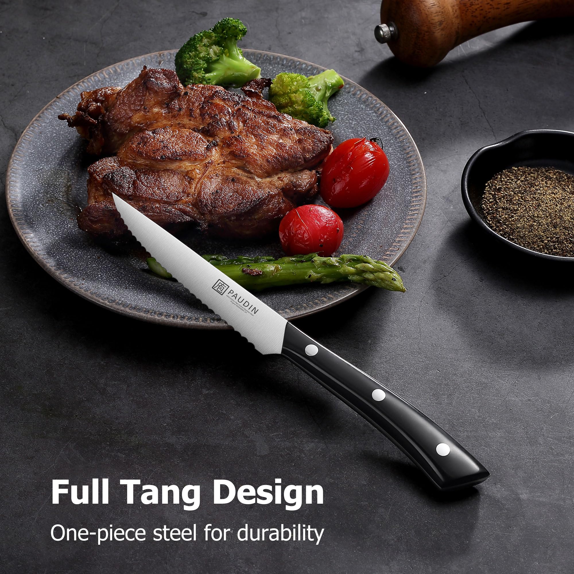 PAUDIN dining setting showing precise steak cutting in action