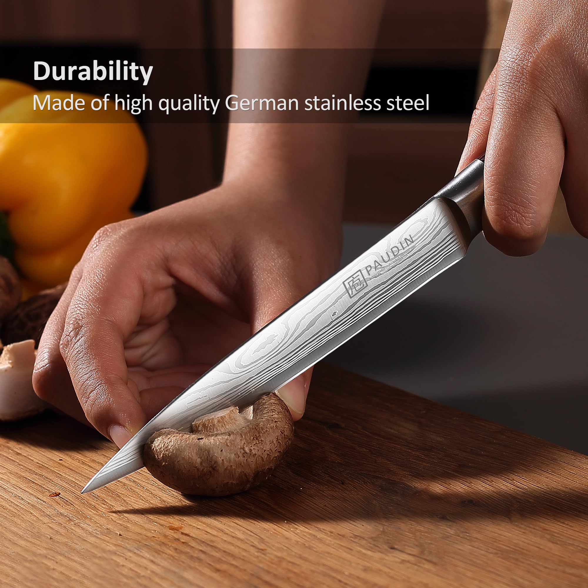PAUDIN ergonomic pakkawood handle provides a balanced, comfortable grip