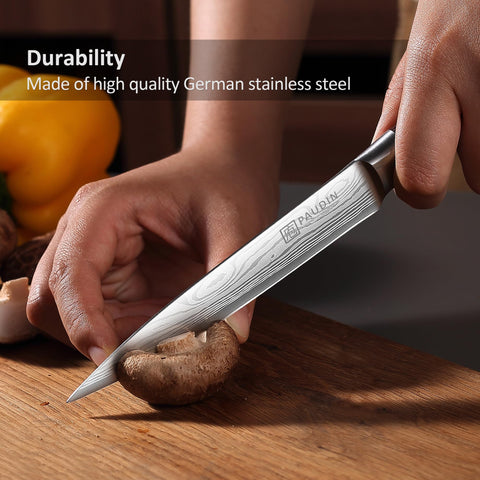 PAUDIN ergonomic pakkawood handle provides a balanced, comfortable grip