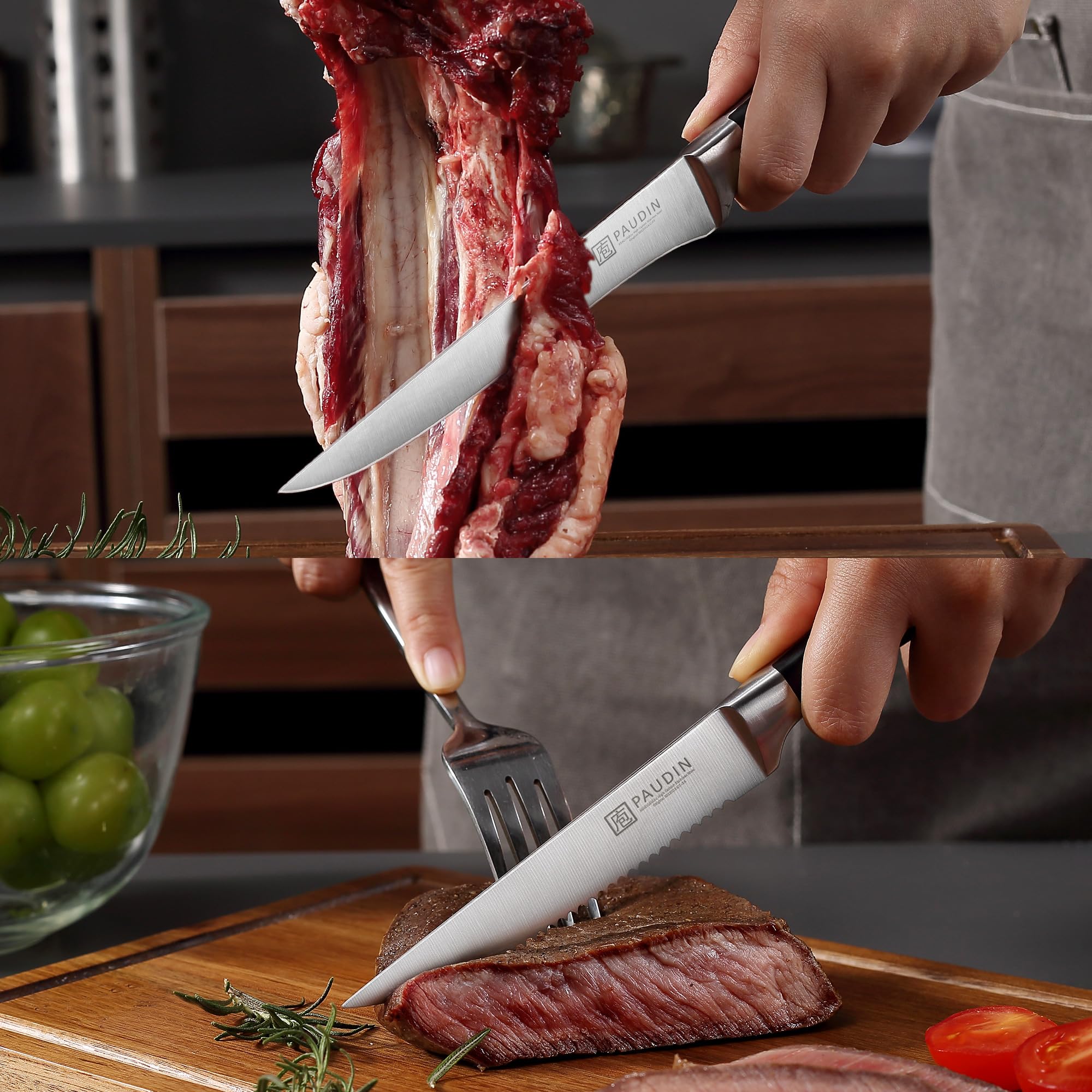 PAUDIN steak knives in the block for tidy table-side servings.