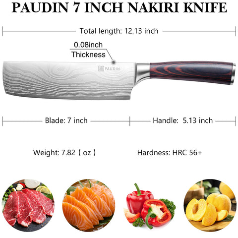 PAUDIN Nakiri Knife ergonomic handle supports comfortable chopping.