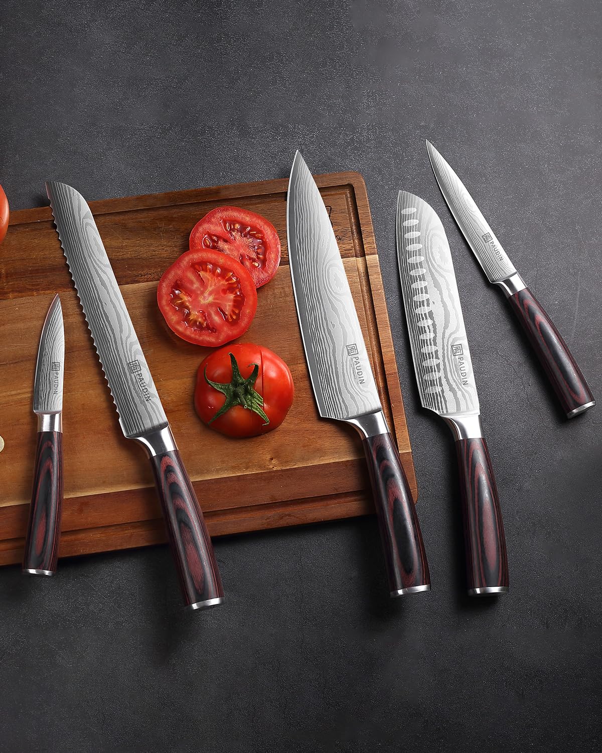 PAUDIN pakkawood handle for ergonomic, non-slip grip during longer prep sessions.