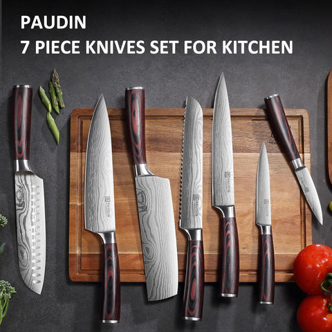 PAUDIN 7in santoku knife blade close-up for versatile chopping and prep accuracy