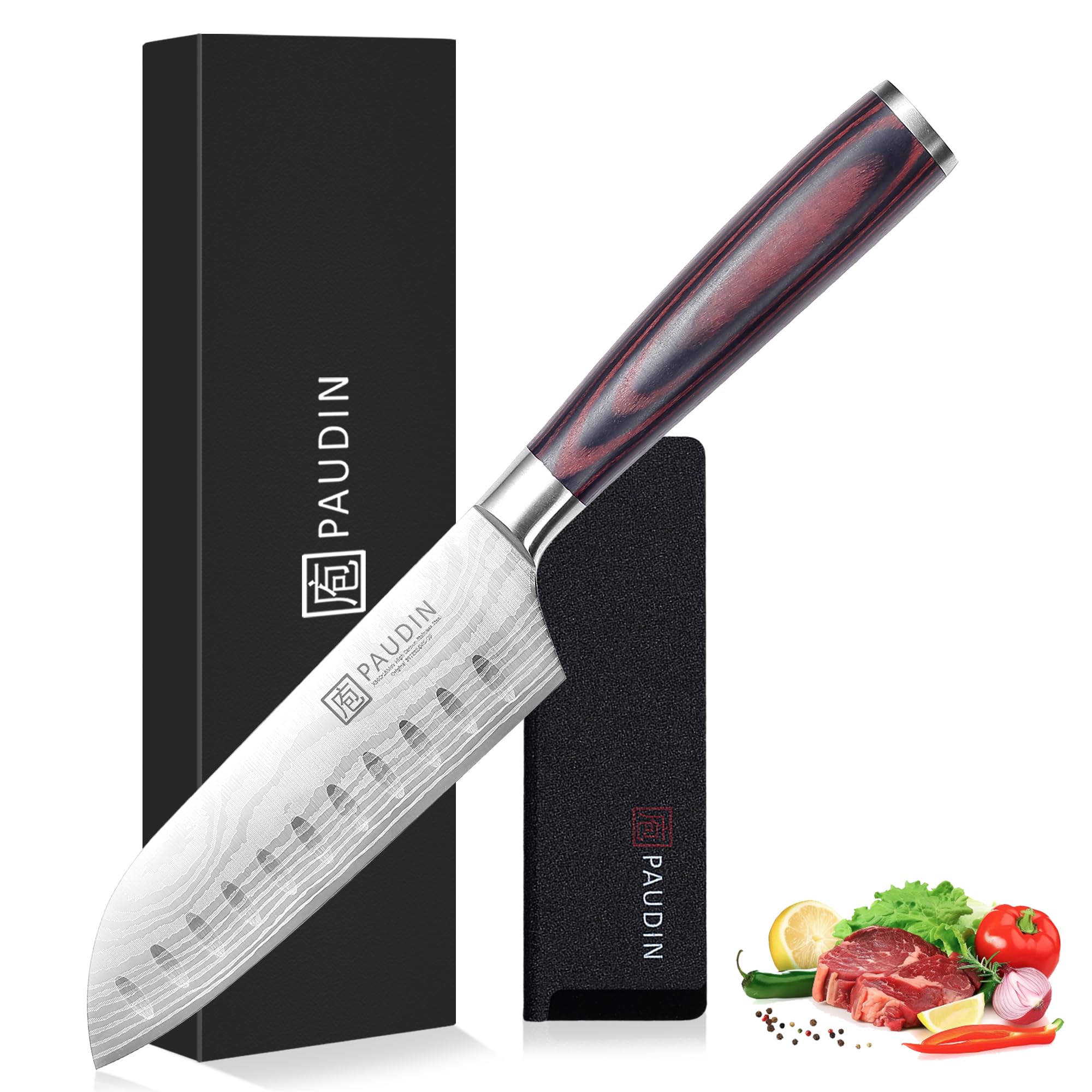 PAUDIN Santoku 5-inch blade close-up showing sharp edge for precise slicing