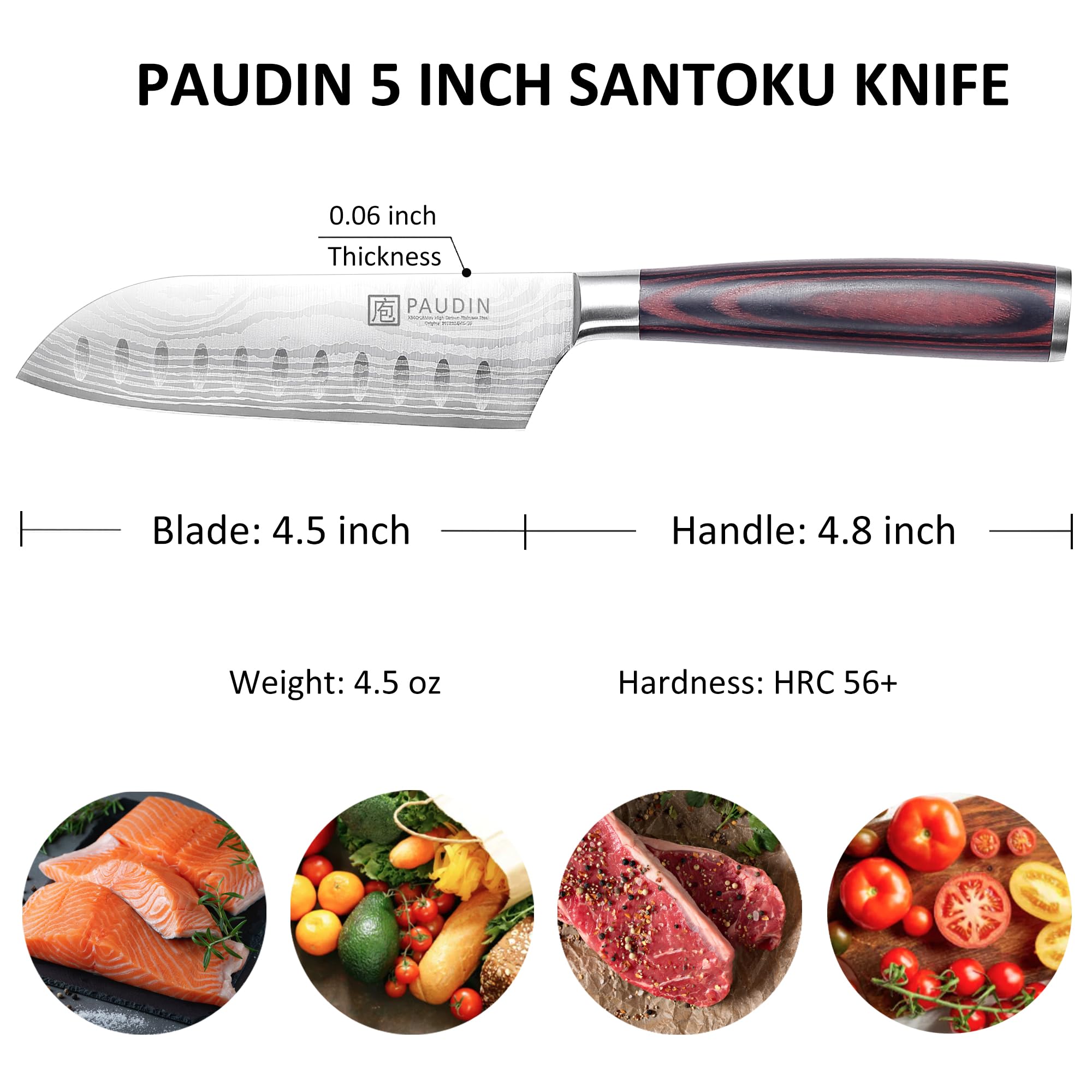 PAUDIN Santoku 5-inch handle grip demonstrating ergonomic pakkawood comfort in hand