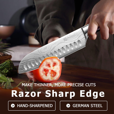 PAUDIN Santoku 7-inch ergonomic handle delivers comfortable grip during prep.