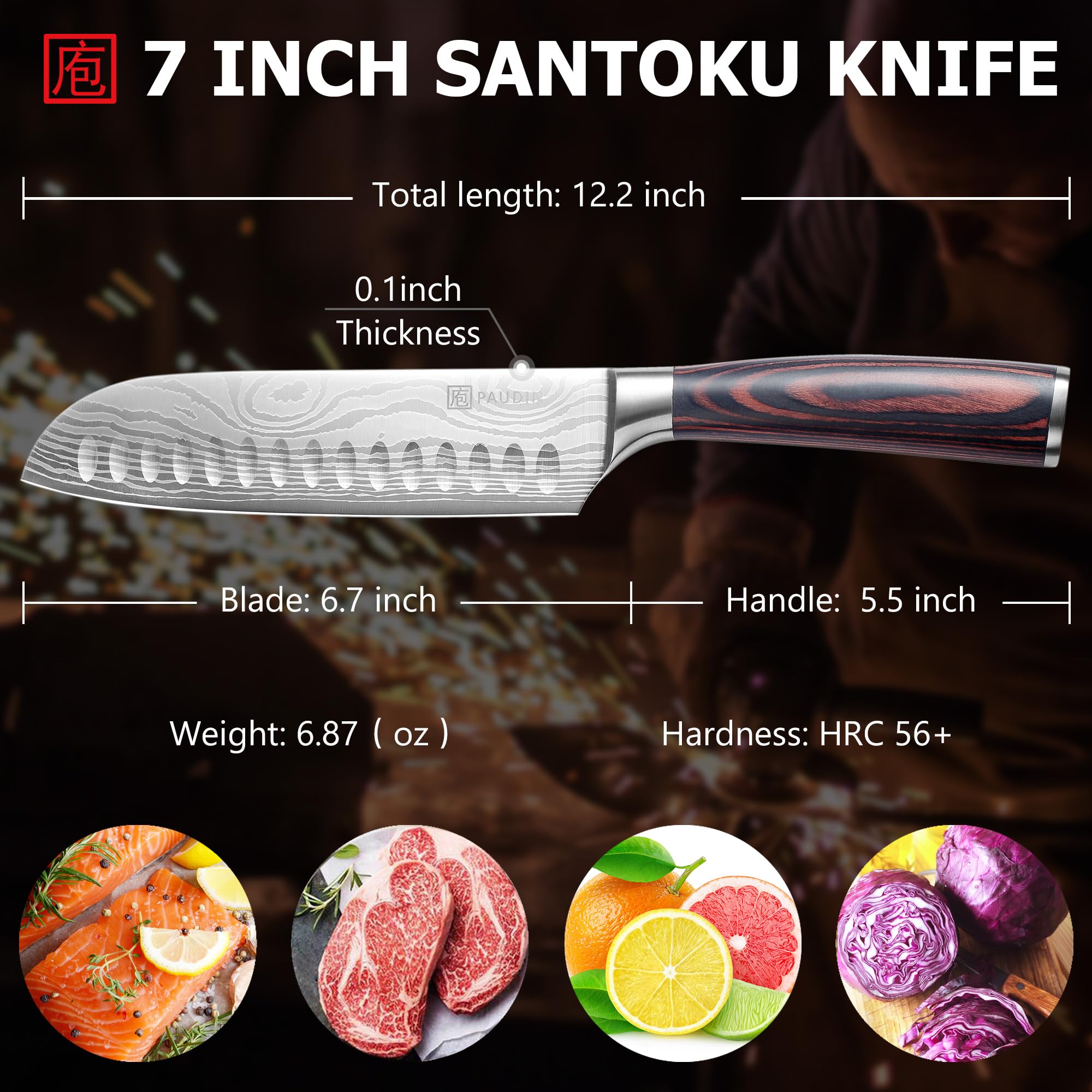 PAUDIN Santoku 7-inch forged steel blade for durability in daily prep.