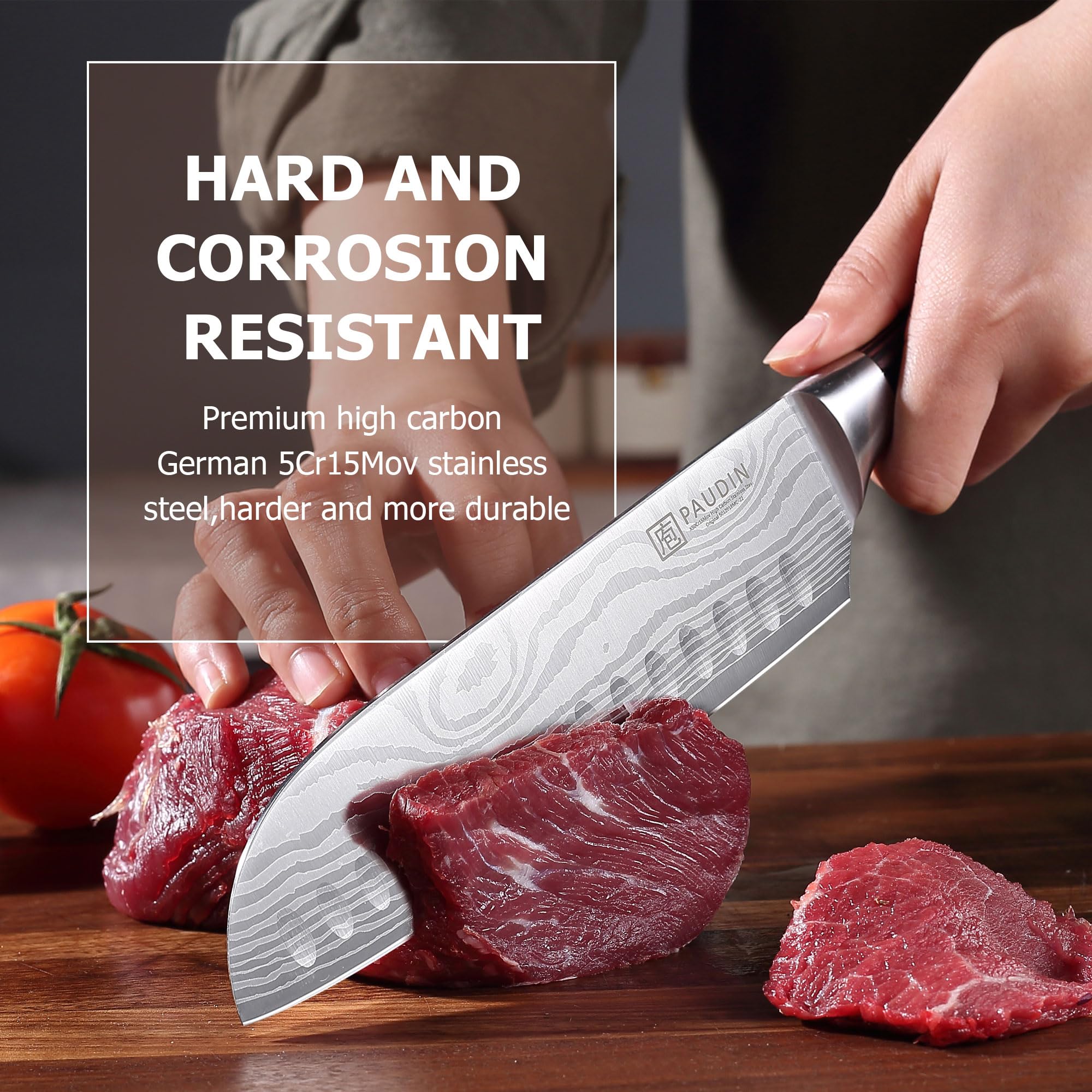PAUDIN Santoku 7-inch pakkawood handle enhances balance and control.