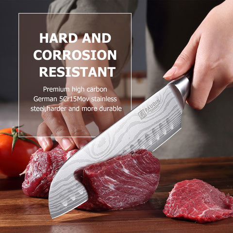 PAUDIN Santoku 7-inch pakkawood handle enhances balance and control.