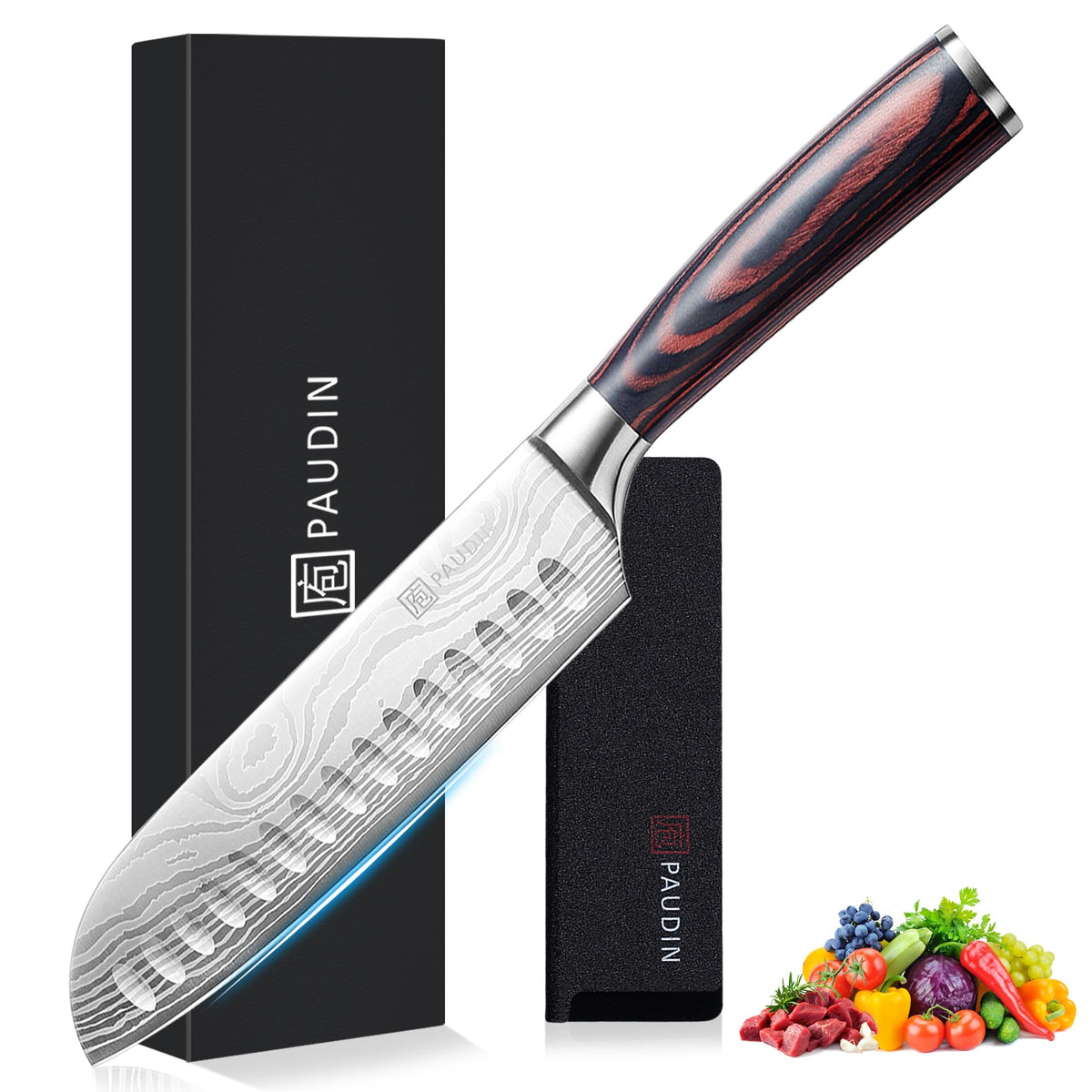 PAUDIN Santoku 7-inch knife with razor-edge for precise, clean slices.