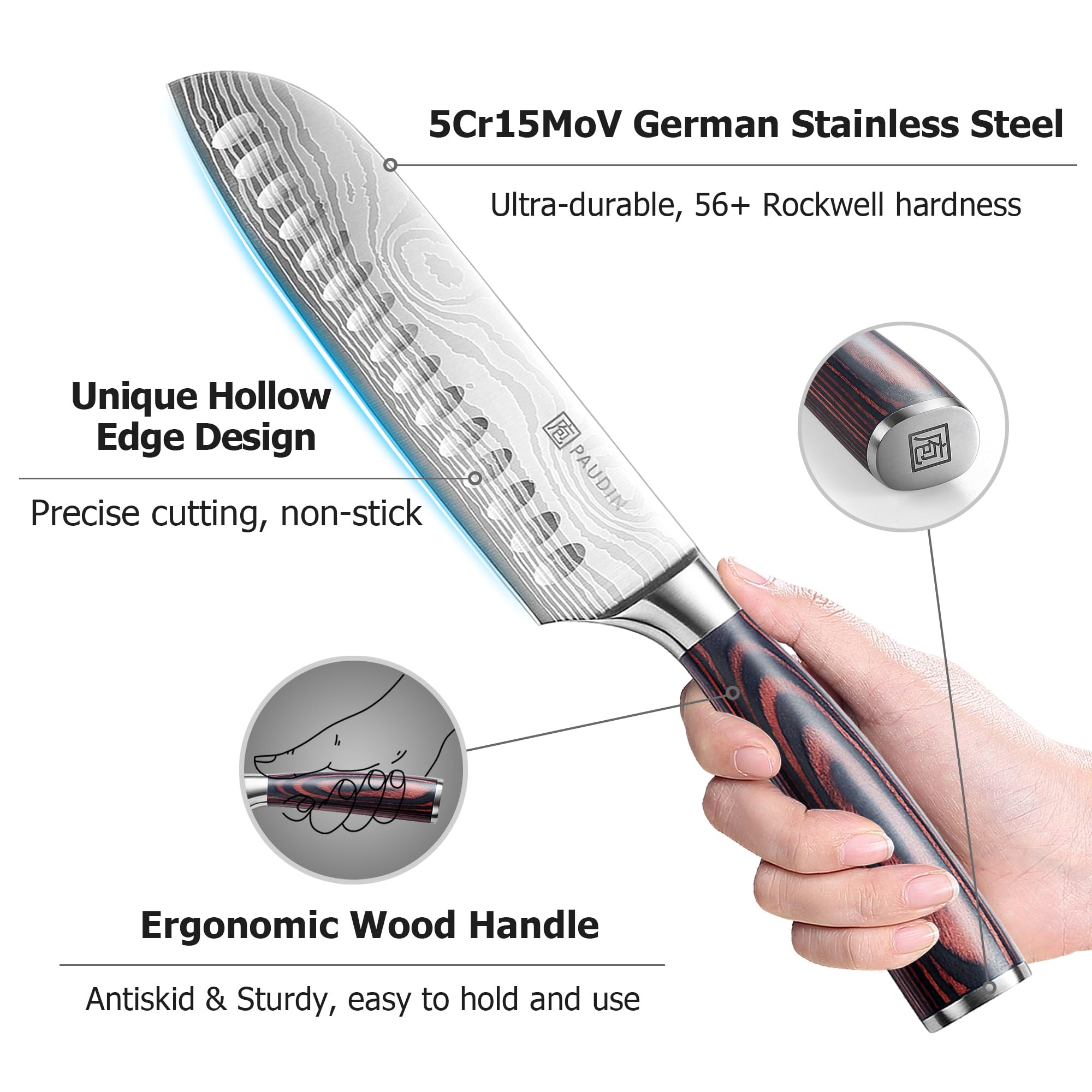 PAUDIN Santoku 7-inch versatile knife excels at slicing, dicing, and mincing.