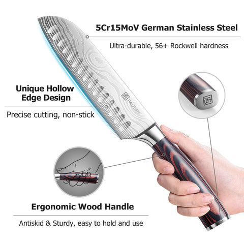 PAUDIN Santoku 7-inch versatile knife excels at slicing, dicing, and mincing.