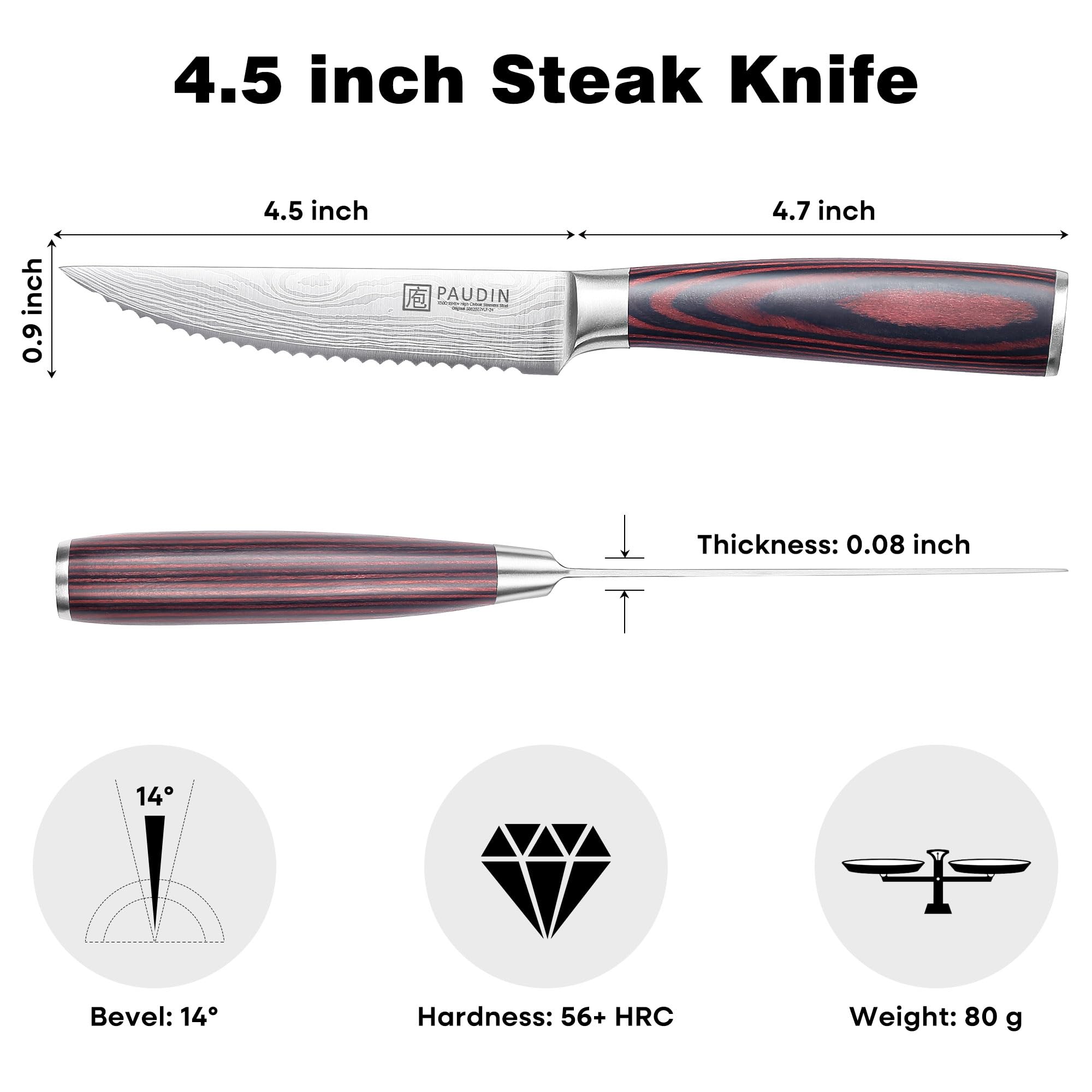 PAUDIN steak knives 6-set pakkawood handle offers comfortable grip during long meals