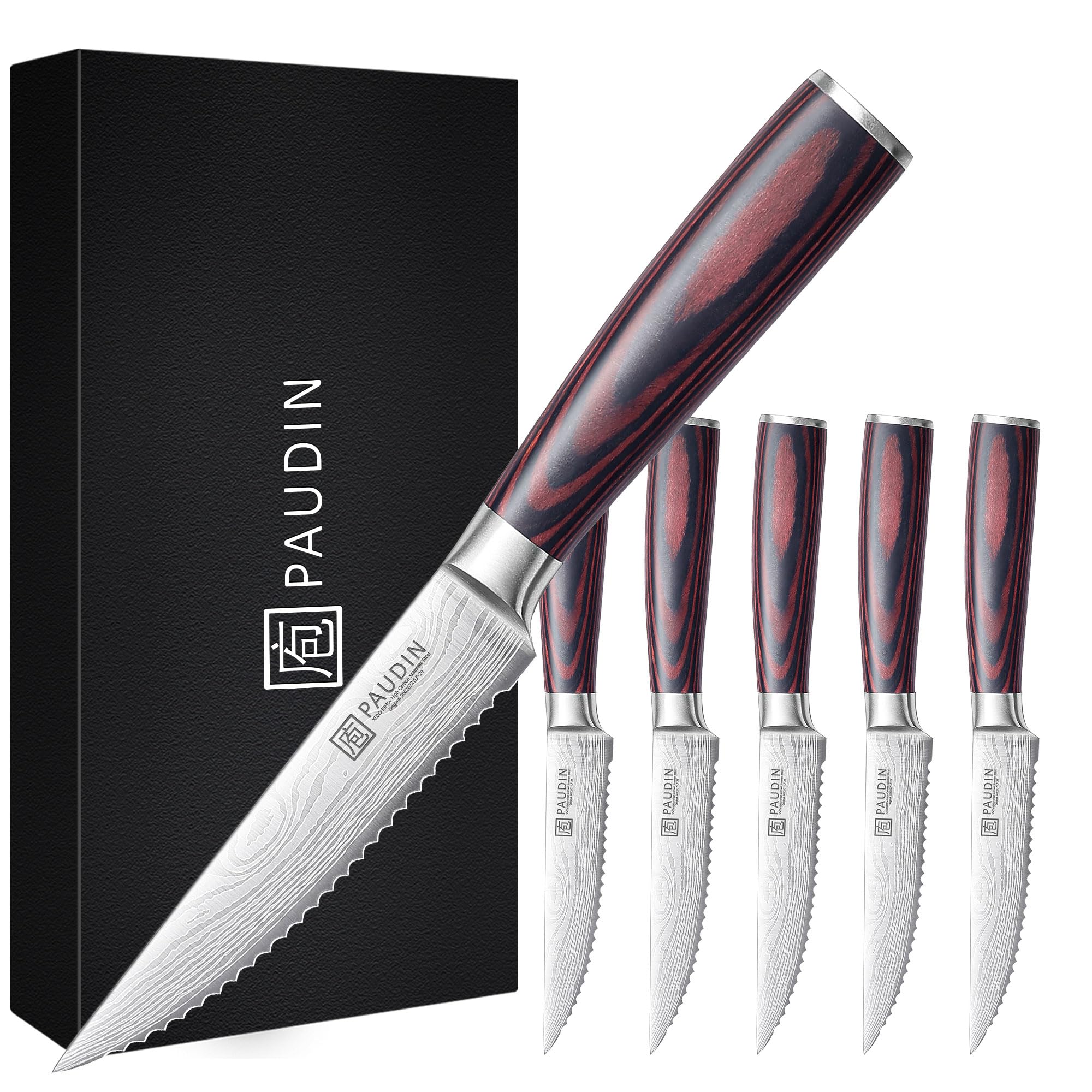 PAUDIN steak knives 6-set serrated blade close-up highlights clean cuts for juicy steaks