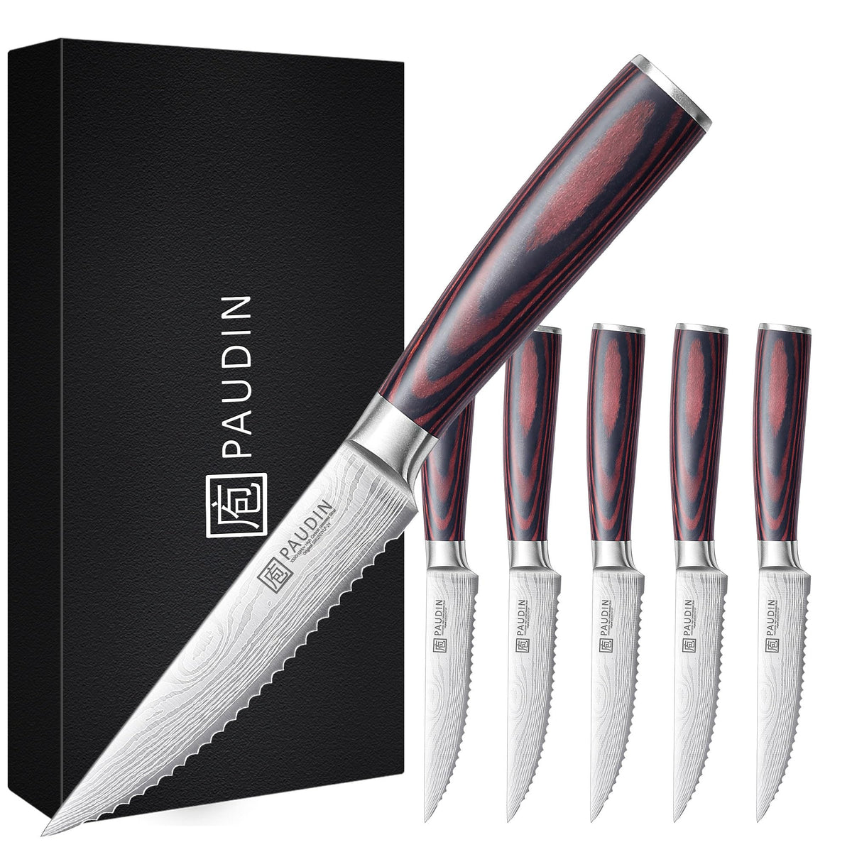 PAUDIN steak knives 6-set serrated blade close-up highlights clean cuts for juicy steaks