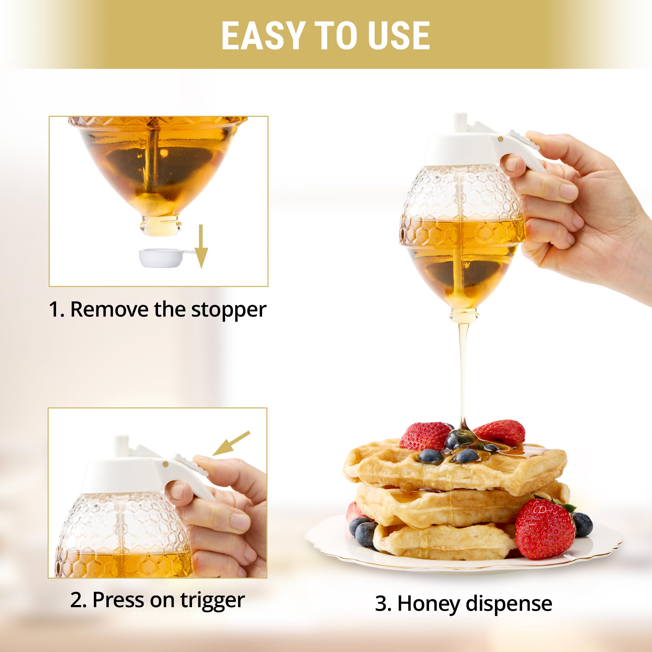 PAULSWAY no-drip pour mechanism enables controlled drizzle over tea or pancakes
