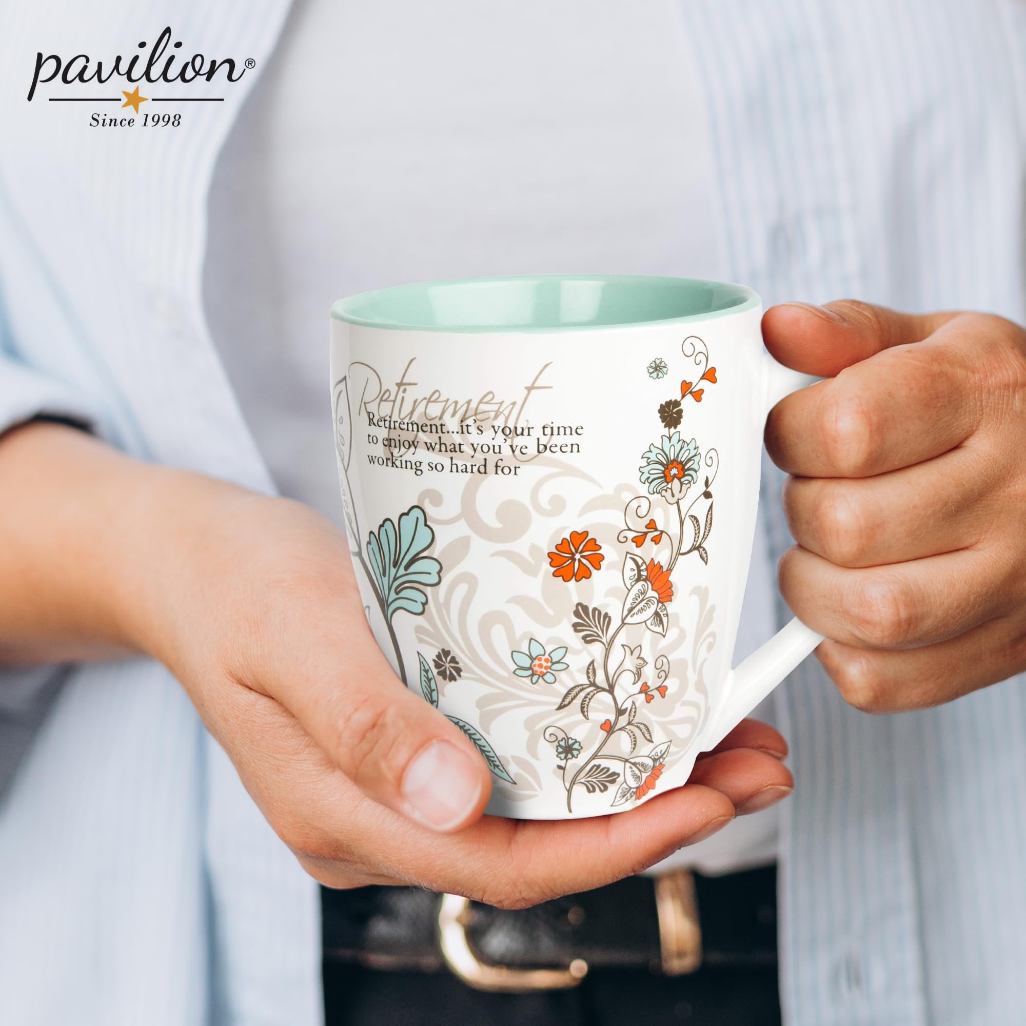 Pavilion coffee mug complements kitchen decor with a bright finish.