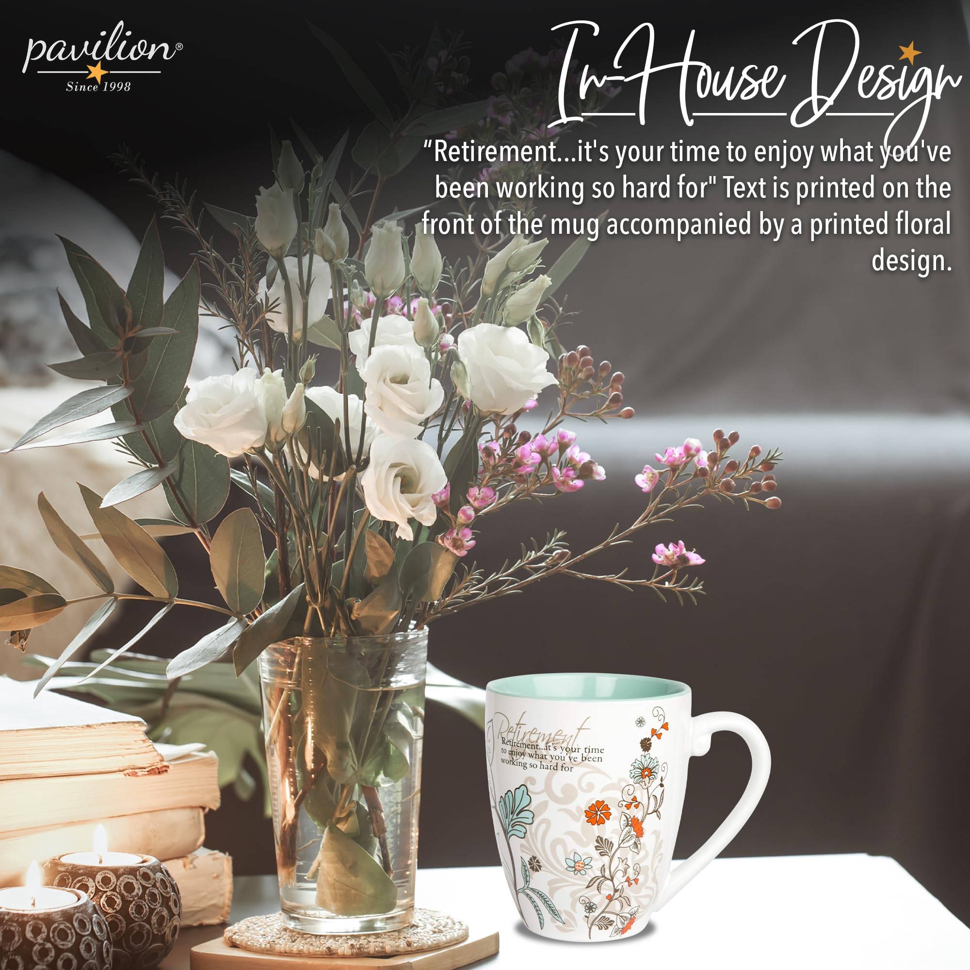 The Pavilion coffee mug shows a multicolor design, adding vibrancy to any kitchen.
