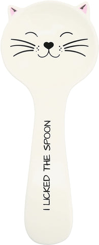 Pavilion Gift Company Cat Licked the Spoon Rest in white with hand-painted cat face.