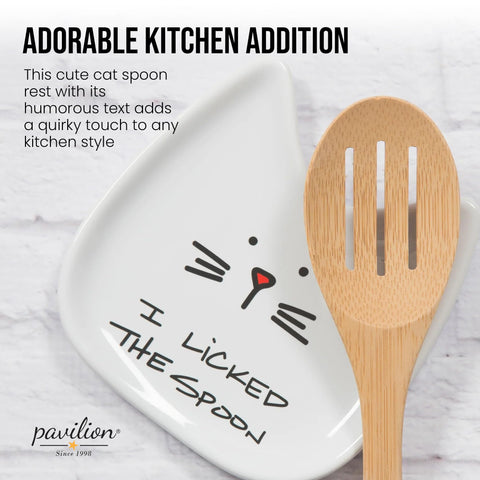 Pavilion Gift Cat Spoon Rest close-up highlights the I Licked the Spoon decal.