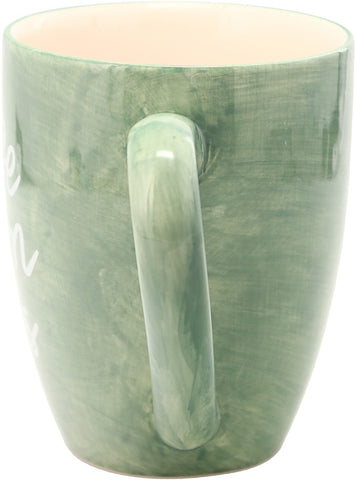 Pavilion Gift Co green mug with hand-painted look and cursive text