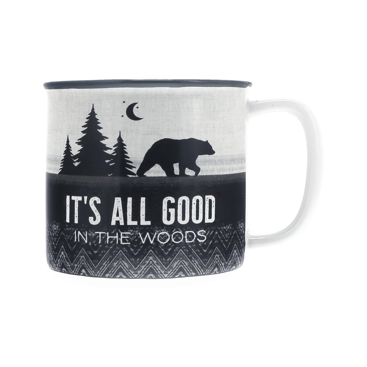 Pavilion Good In The Woods mug front graphic with bear, ideal for camping mornings.