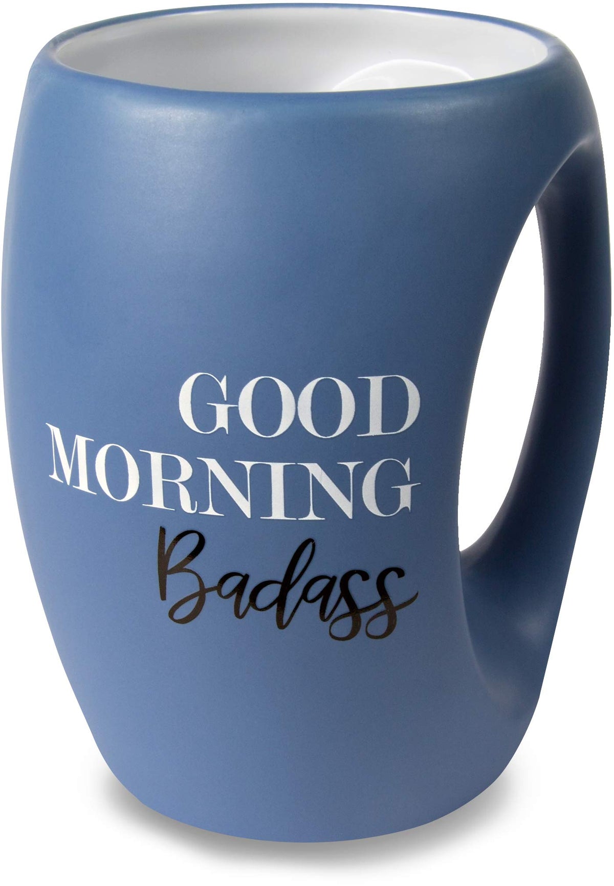Pavilion Good Morning Badass mug in navy blue with 16 oz capacity and a comfortable hand-warming grip
