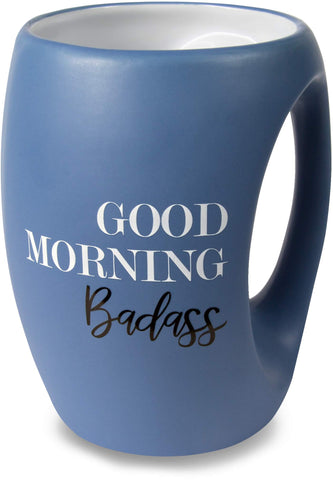 Pavilion Good Morning Badass mug in navy blue with 16 oz capacity and a comfortable hand-warming grip