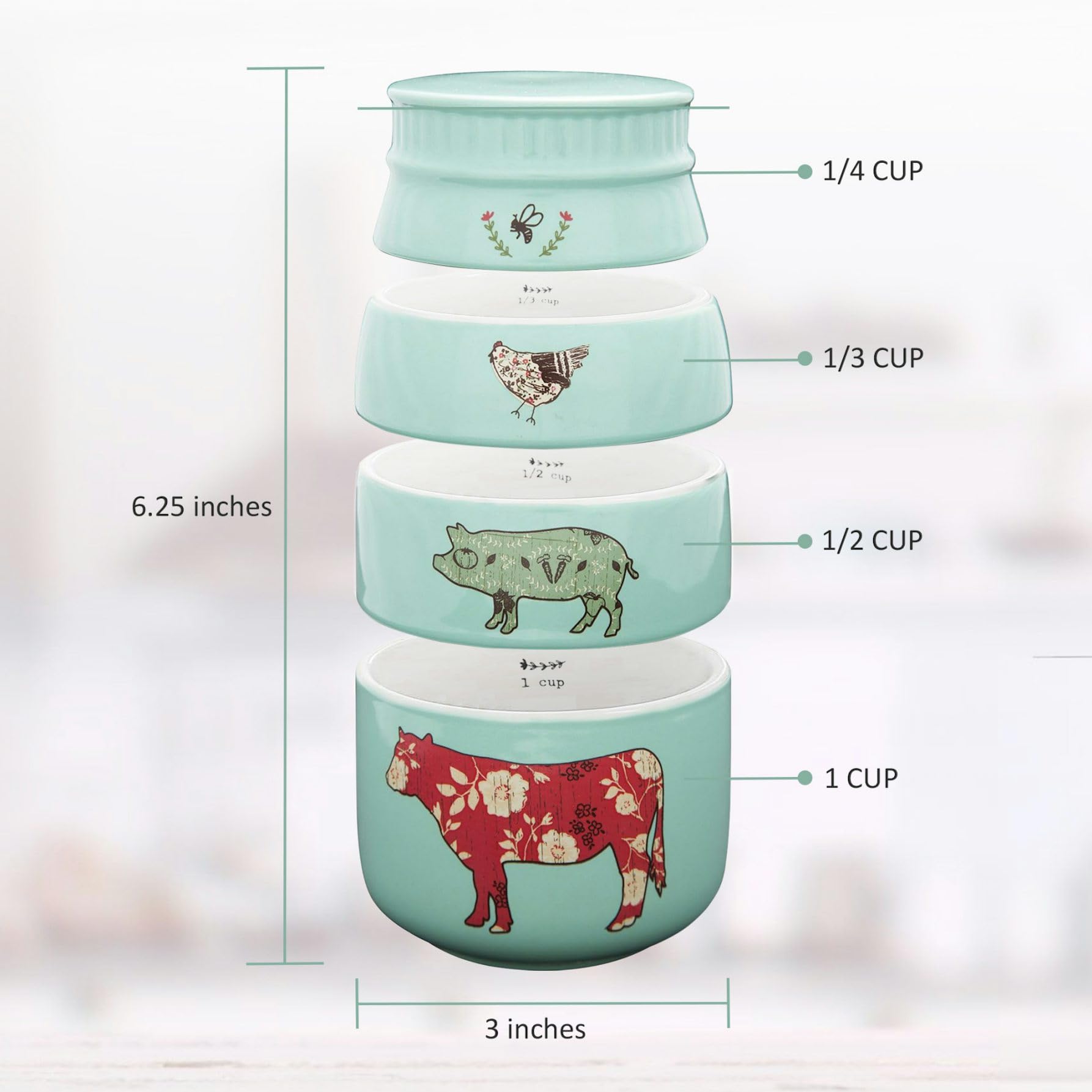 Pavilion Gift Company teal cups showcase animal icons on the front for a playful kitchen display
