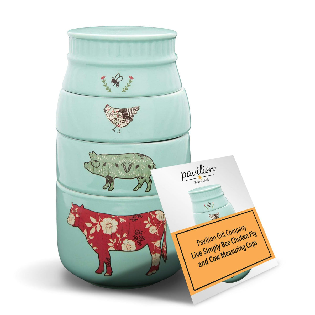 Pavilion Gift Company Live Simply bee-chicken-pig-cow cups in teal for precise baking