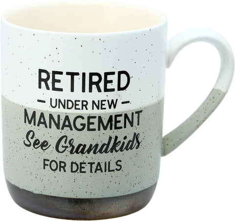 Pavilion front-view mug featuring Retired Under New Management, ideal retirement gift.