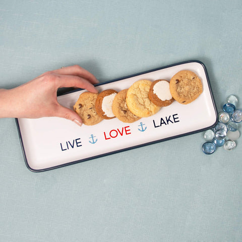 Pavilion Live Love Lake tray shown with S'more supplies for campfire nights.