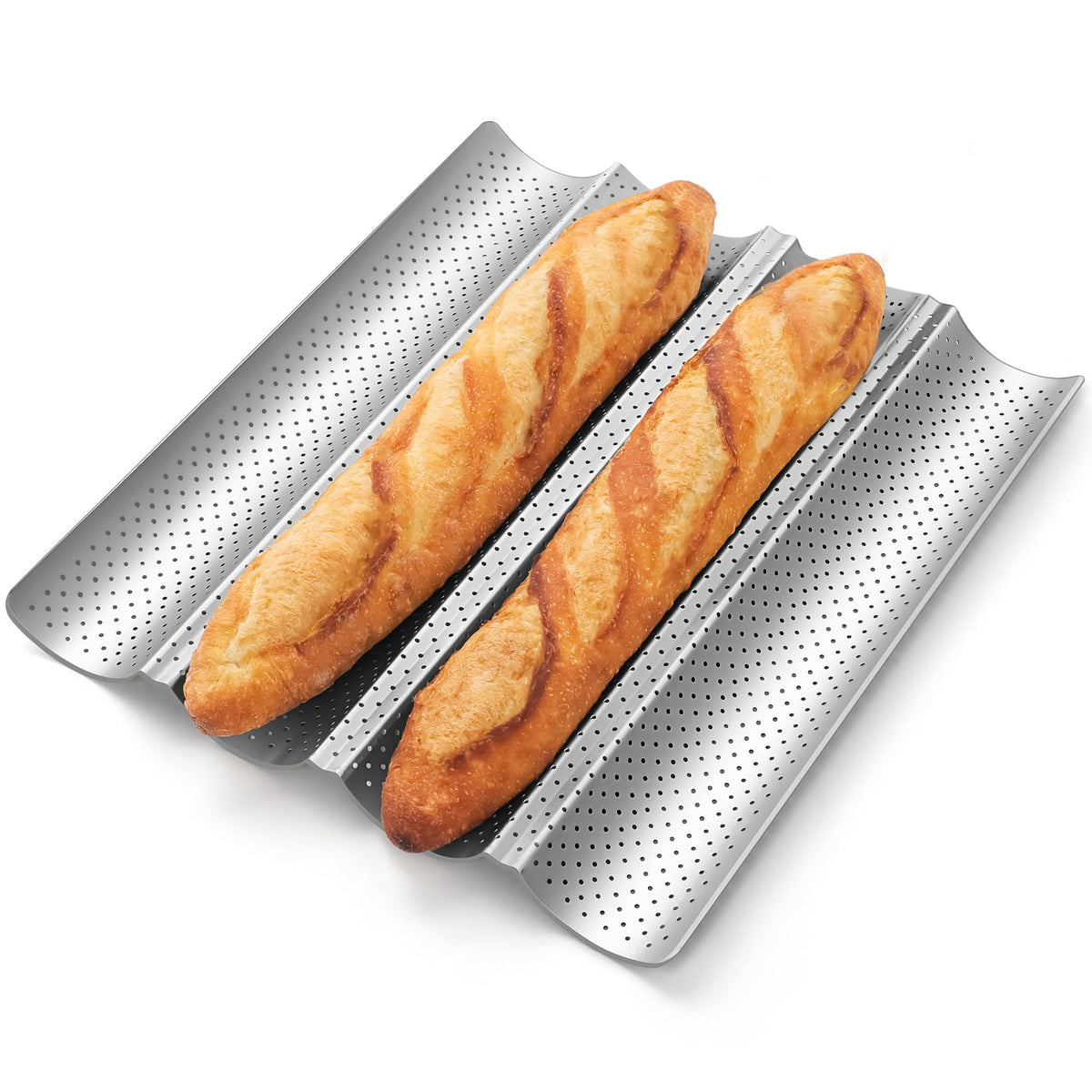 Pavsrmy baguette bread pan with perforated bottom for even crust.