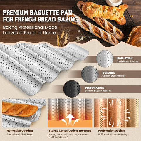 Pavsrmy baguette pan fits large home ovens for convenient baking.