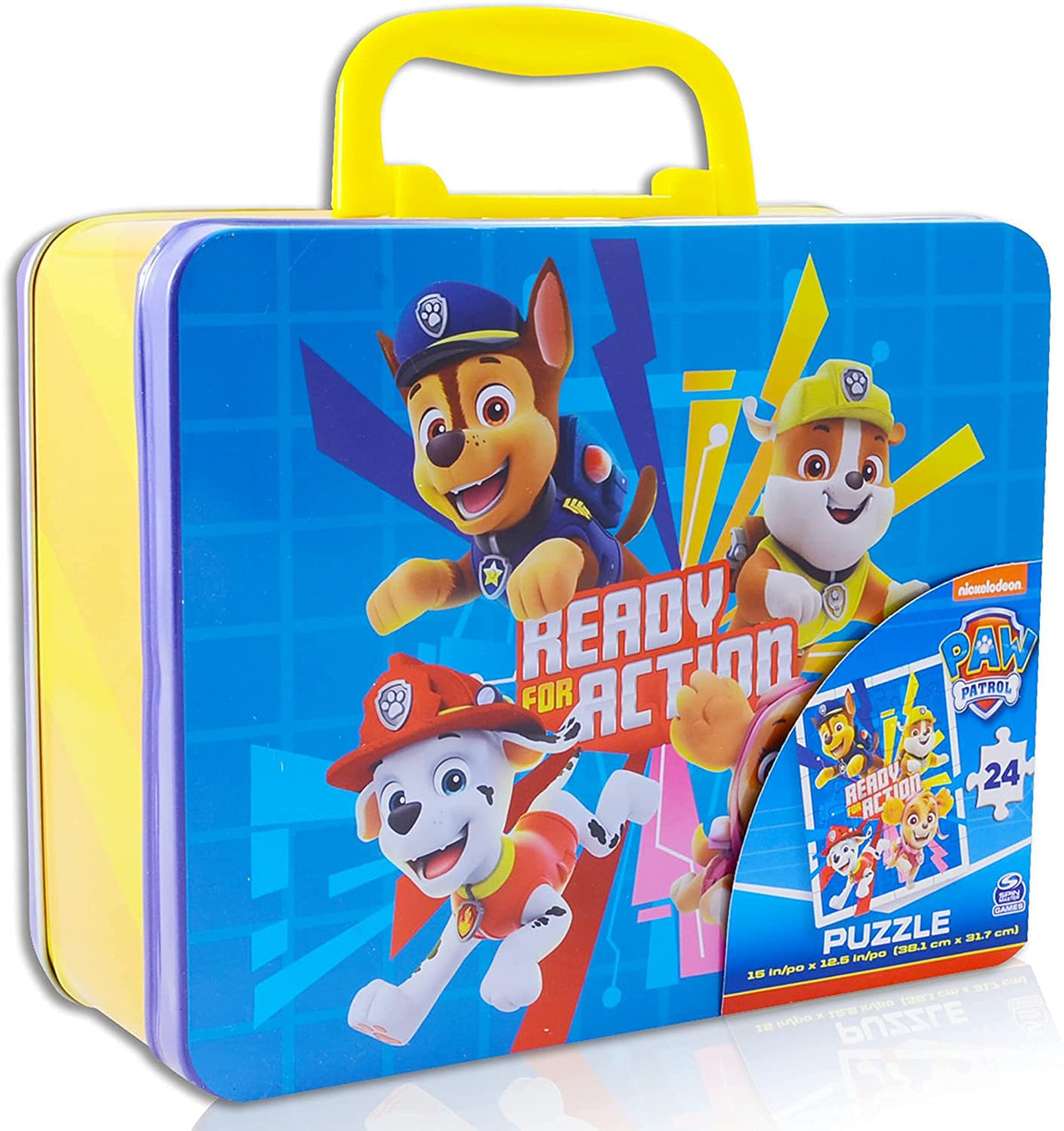 Paw Patrol puzzle lunchbox front view with durable metal construction.