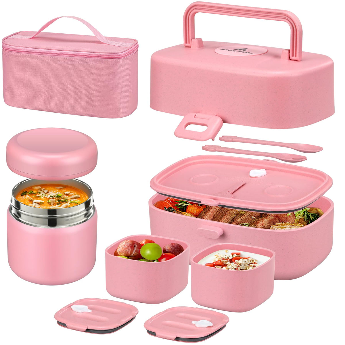 Pawtong Bento Box front view in pink, durable for school lunches.