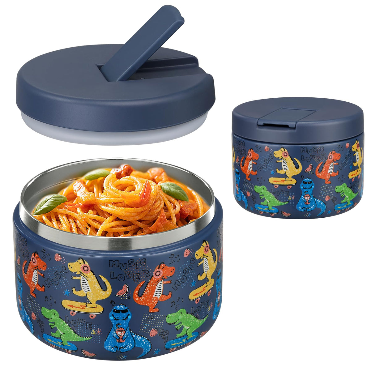 Pawtong blue-dinosaur 12oz jar with buckle lid, kid-friendly for on-the-go lunches.
