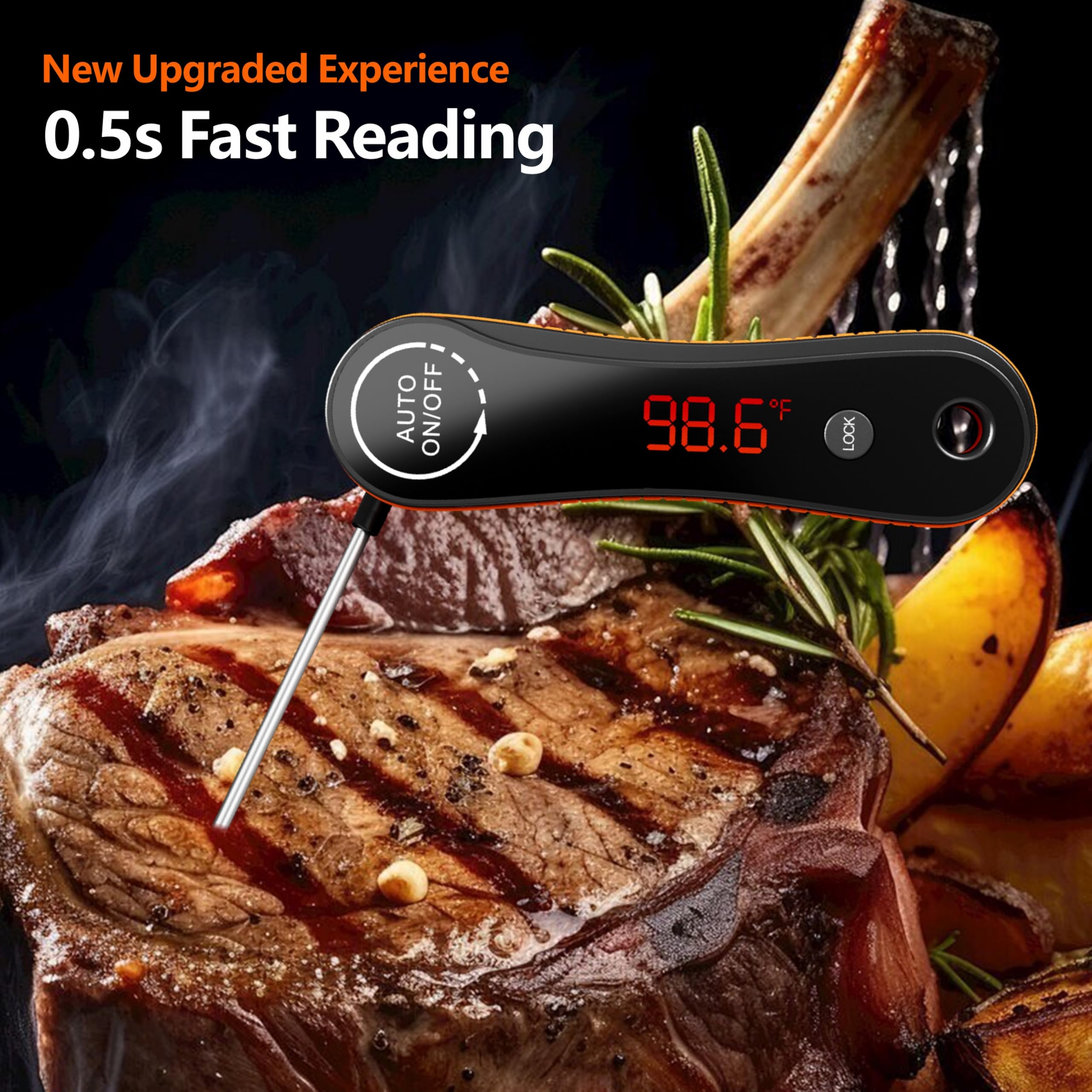 Paysean thermometer with auto-rotating backlit display for easy readings