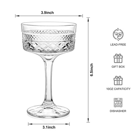 Paysky ribbed coupe glasses 10 oz side view, durable lead-free crystal for entertaining
