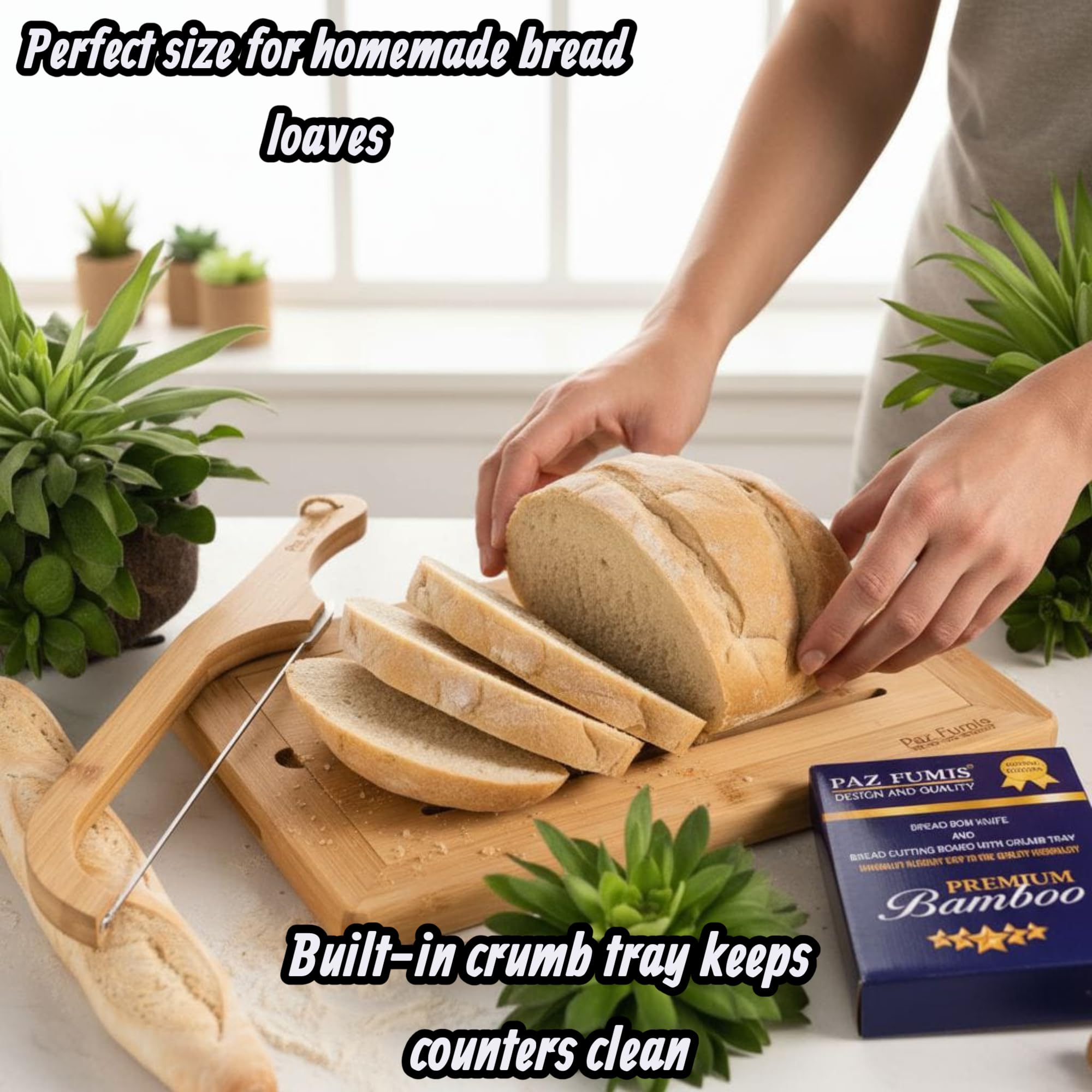 Paz Fumis crumb tray with holder simplifies cleanup after slicing.