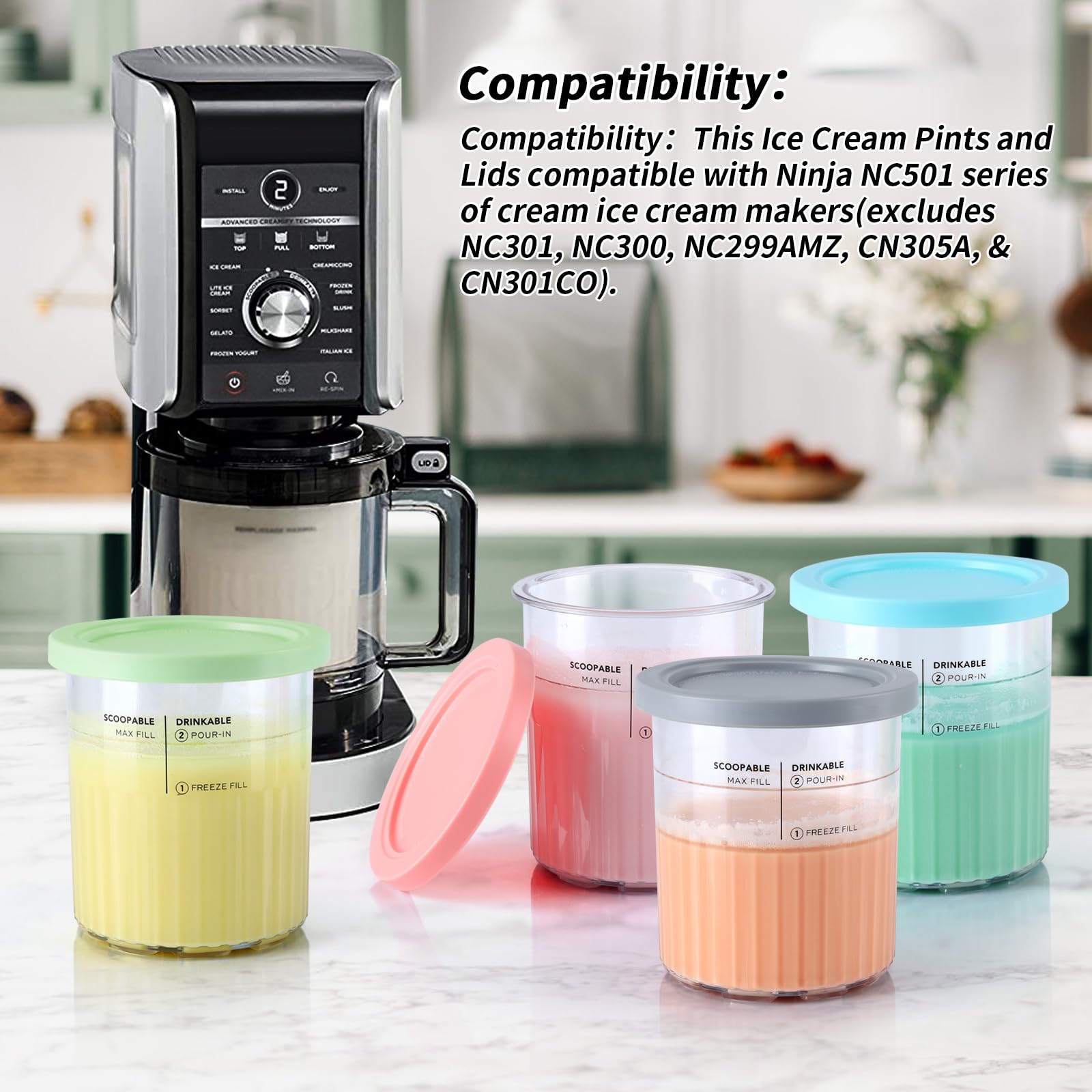 Compatibility with Ninja Creami Deluxe NC501 shown for seamless freezing and serving.